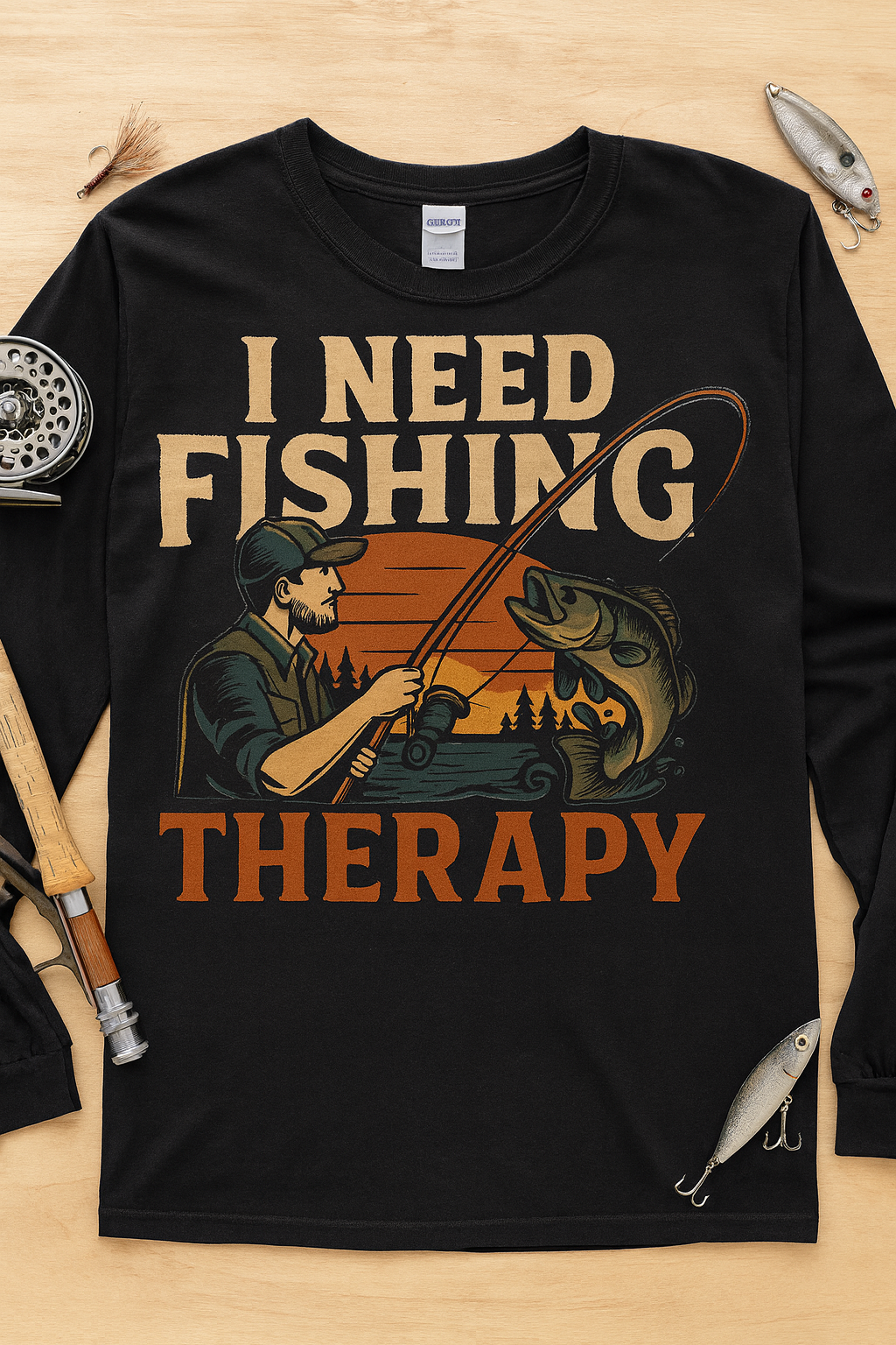 I Need Fishing Therapy - Gildan Black Heavy Cotton Long Sleeve T-Shirt