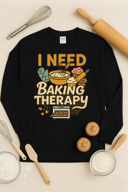 I Need Baking Therapy - Gildan Black Heavy Cotton Long Sleeve T-Shirt