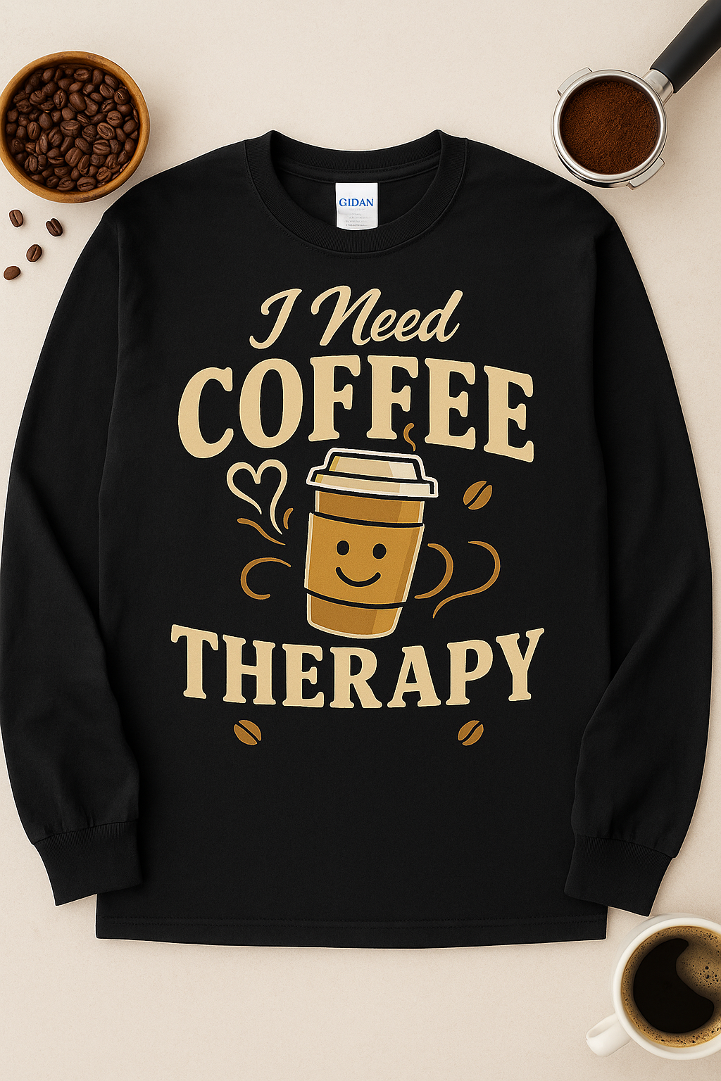 I Need Coffee Therapy - Gildan Black Heavy Cotton Long Sleeve T-Shirt