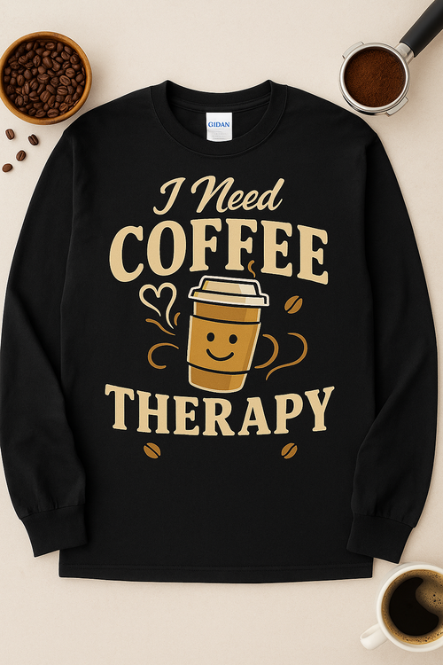 I Need Coffee Therapy - Gildan Black Heavy Cotton Long Sleeve T-Shirt