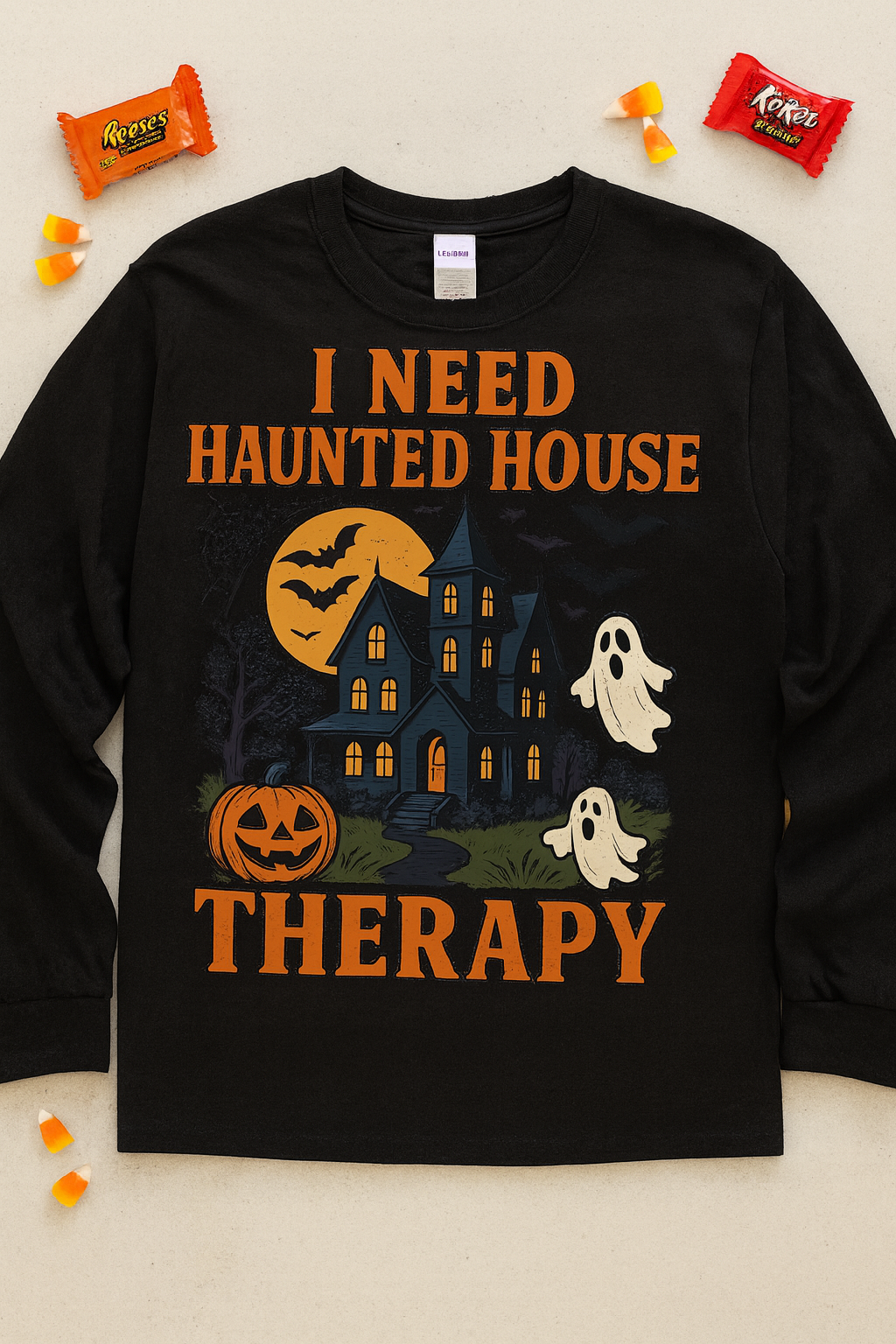 I Need Haunted House Therapy - Gildan Black Heavy Cotton Long Sleeve T-Shirt