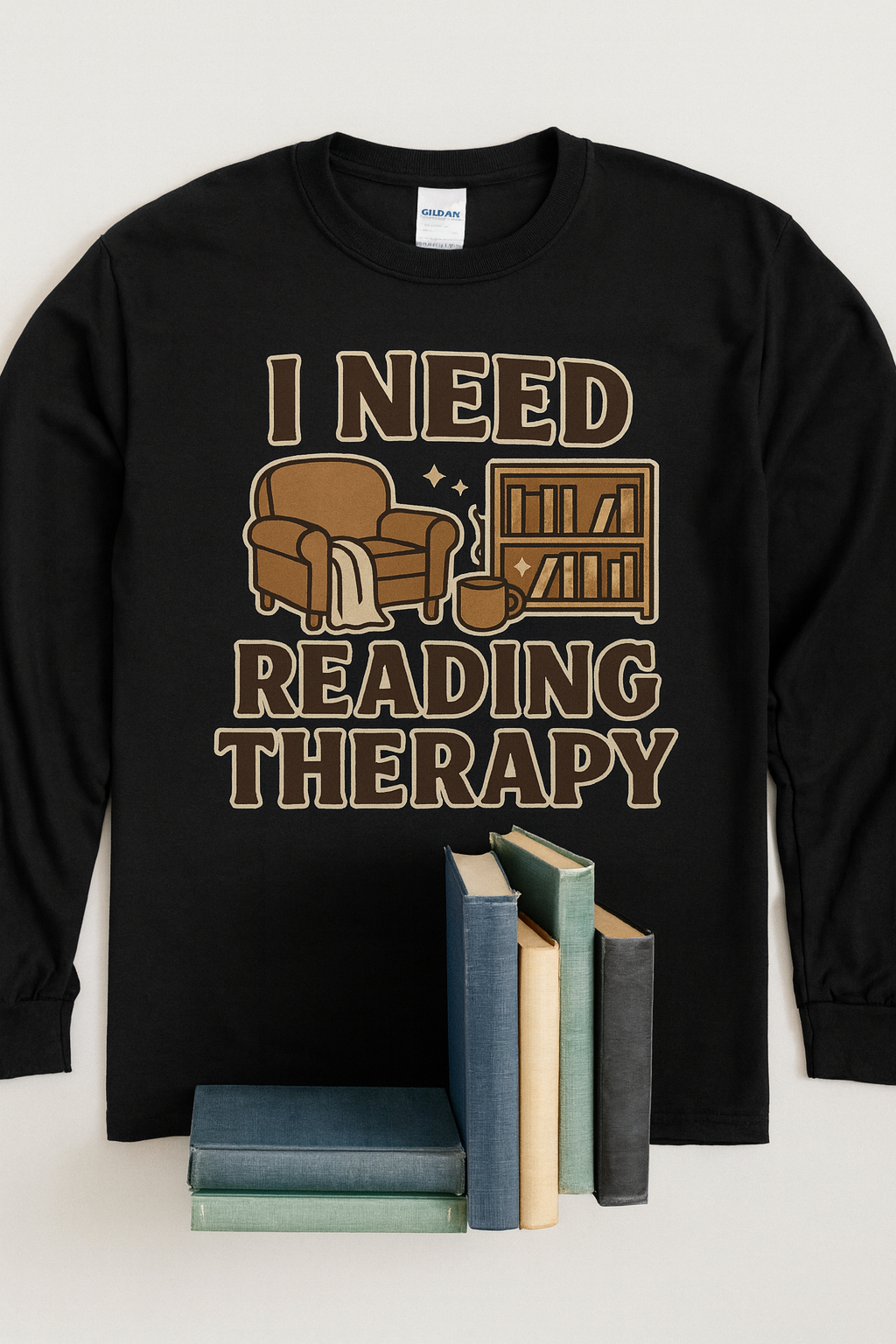 I Need Reading Therapy - Gildan Black Heavy Cotton Long Sleeve T-Shirt