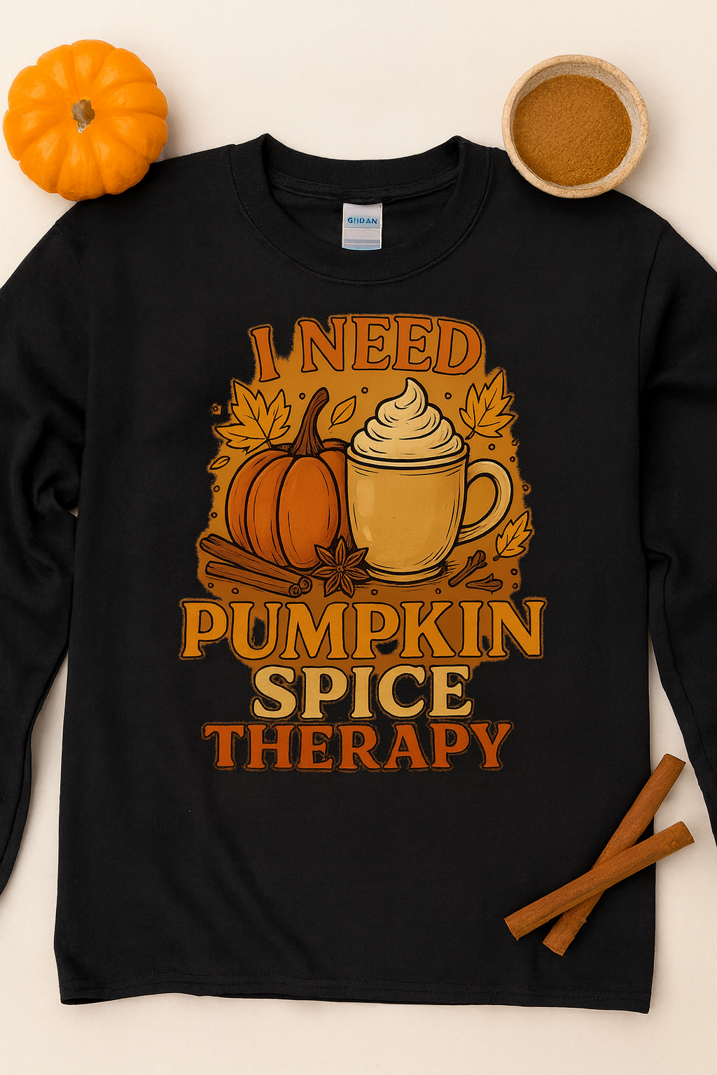 I Need Pumpkin Spice Therapy - Gildan Black Heavy Cotton Long Sleeve T-Shirt