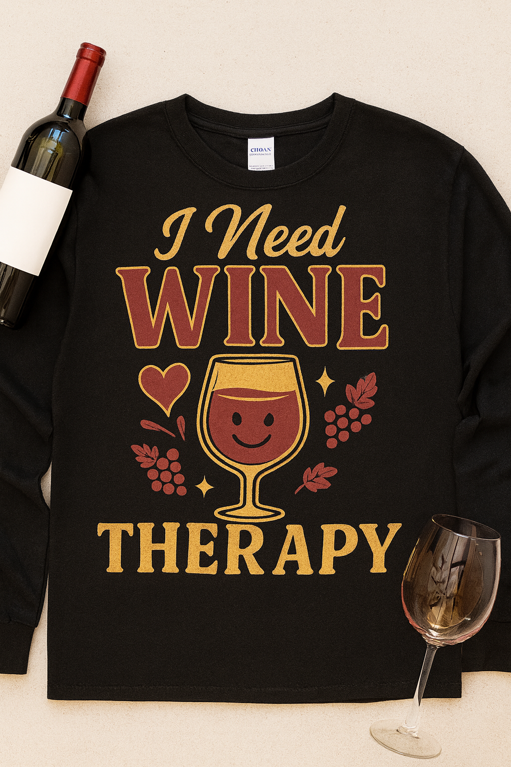 I Need Wine Therapy - Gildan Black Heavy Cotton Long Sleeve T-Shirt