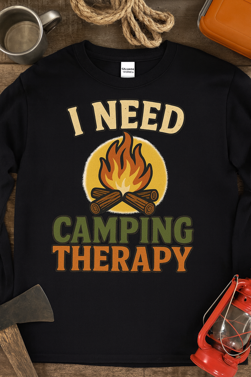 I Need Camping Therapy - Gildan Black Heavy Cotton Long Sleeve T-Shirt