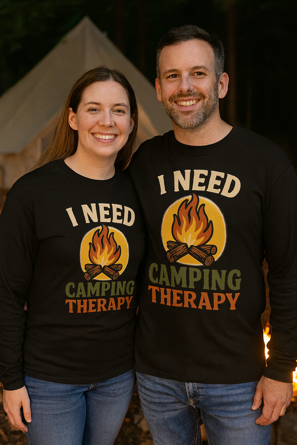 I Need Camping Therapy - Gildan Black Heavy Cotton Long Sleeve T-Shirt