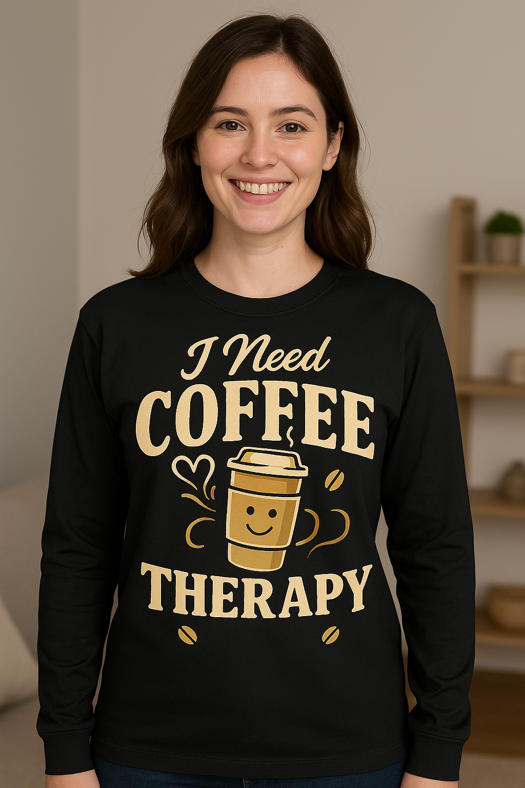 I Need Coffee Therapy - Gildan Black Heavy Cotton Long Sleeve T-Shirt