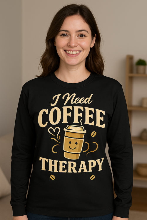 I Need Coffee Therapy - Gildan Black Heavy Cotton Long Sleeve T-Shirt