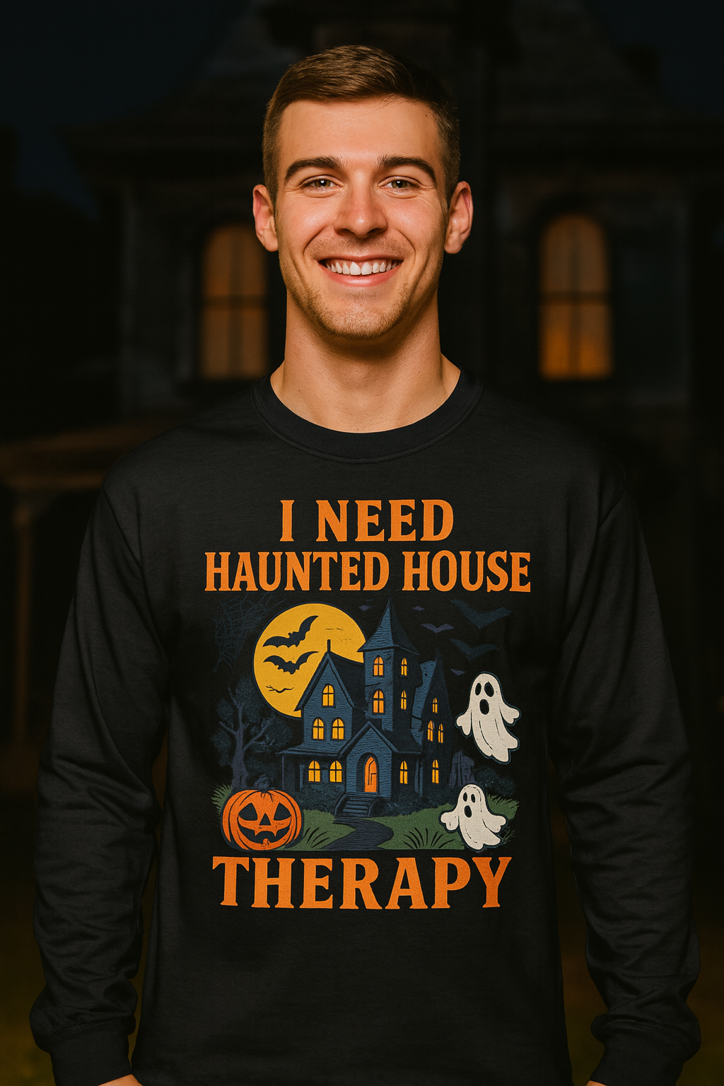 I Need Haunted House Therapy - Gildan Black Heavy Cotton Long Sleeve T-Shirt