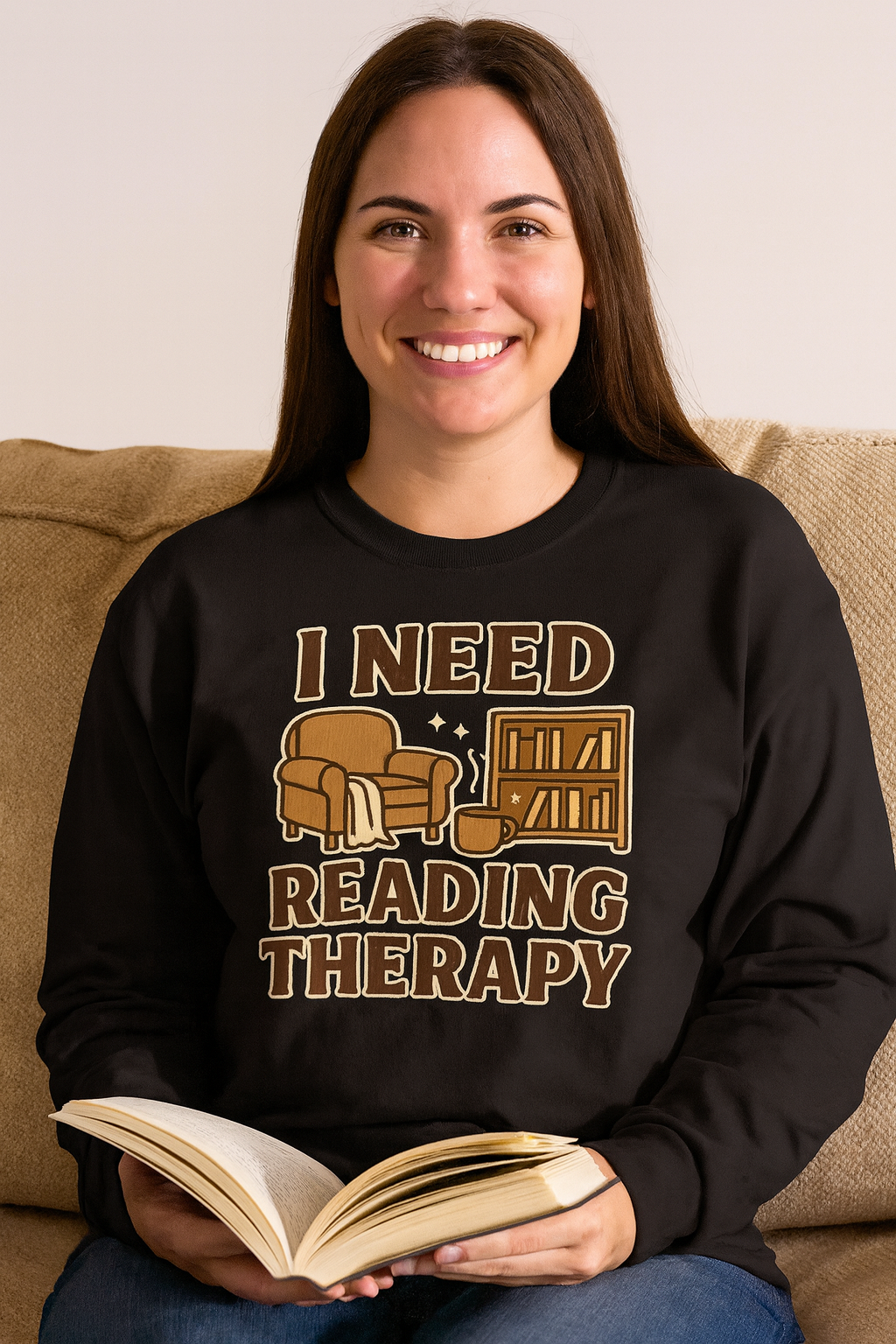 I Need Reading Therapy - Gildan Black Heavy Cotton Long Sleeve T-Shirt