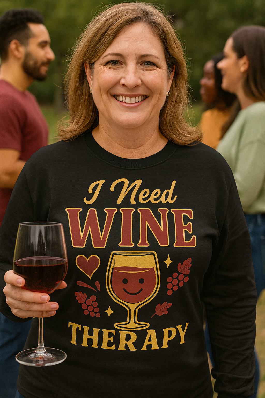 I Need Wine Therapy - Gildan Black Heavy Cotton Long Sleeve T-Shirt